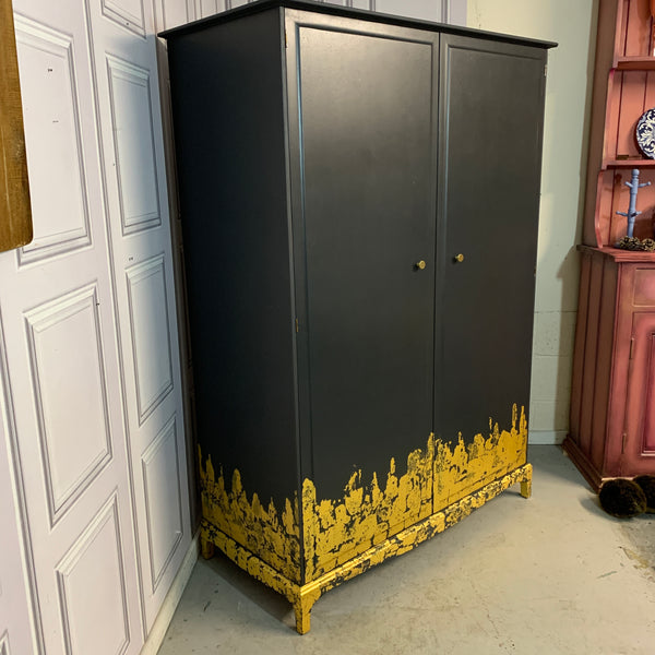 Stag Wardrobe Painted Black & Gold Leaf Flame Details Double Wardrobe