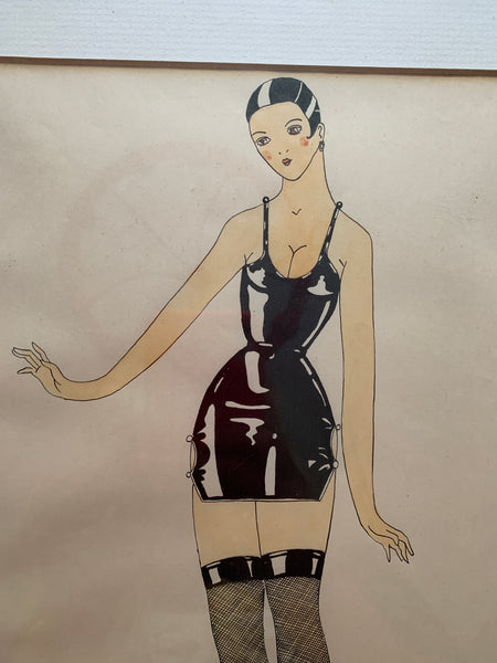 French Signed Painting Burlesque Performer Sexy Lady in Stockings & Latex Dress