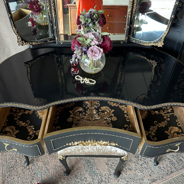 Gothic Black & Gold High Gloss Dressing Table: Vintage Olympus Piano Finish