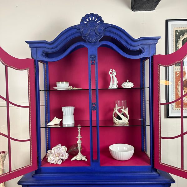 French Antique Display Cabinet Higly Decorated with Carvings Bright & Bold Statement Piece
