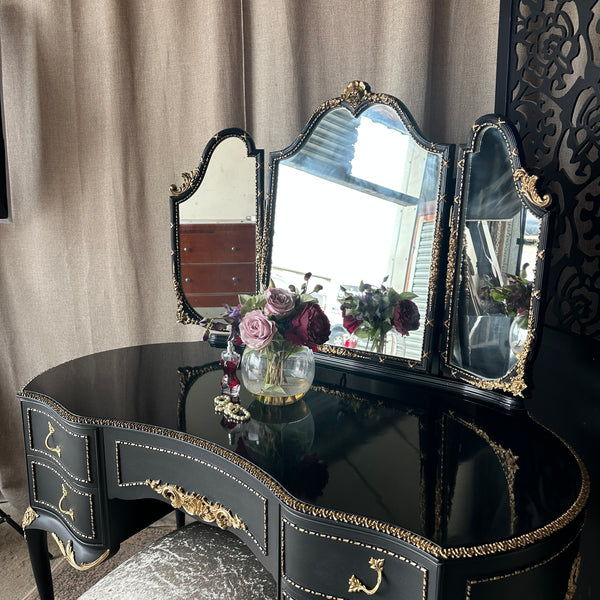 Gothic Black & Gold High Gloss Dressing Table: Vintage Olympus Piano Finish