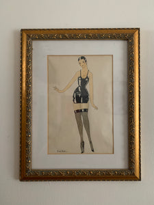 French Signed Painting Burlesque Performer Sexy Lady in Stockings & Latex Dress
