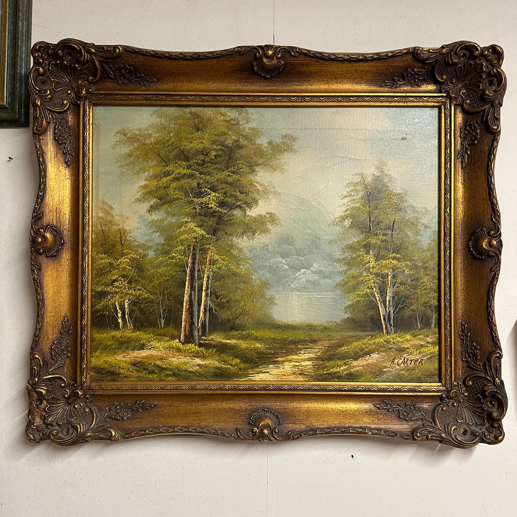 Vintage Oil Painting A. Carter Landscape Baroque Style Frame