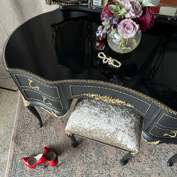 Gothic Black & Gold High Gloss Dressing Table: Vintage Olympus Piano Finish