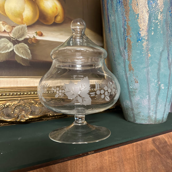 Vintage Sweet Jar Glass Etched Pattern