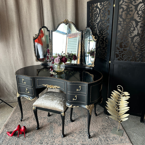 Gothic Black & Gold High Gloss Dressing Table: Vintage Olympus Piano Finish