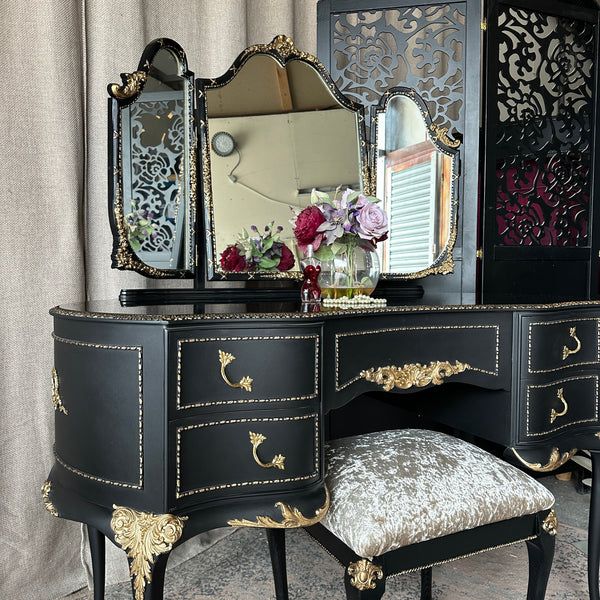 Gothic Black & Gold High Gloss Dressing Table: Vintage Olympus Piano Finish