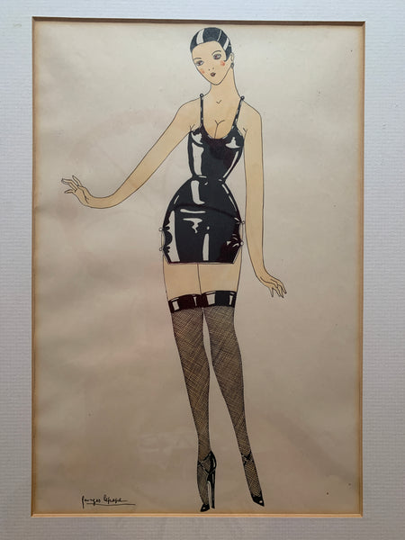 French Signed Painting Burlesque Performer Sexy Lady in Stockings & Latex Dress