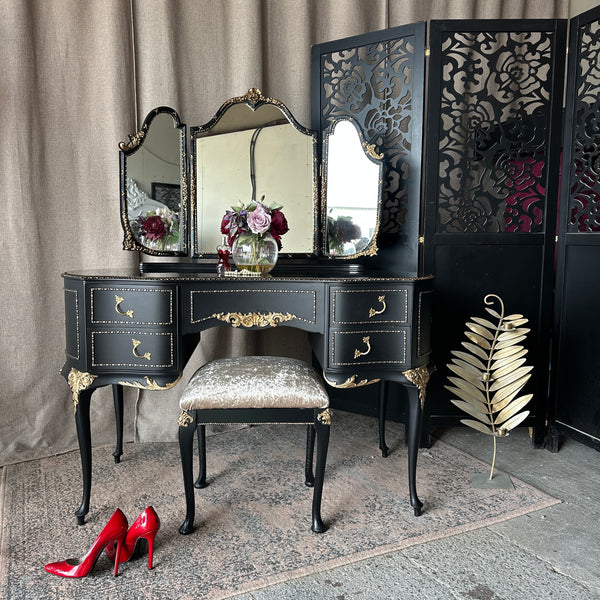 Gothic Black & Gold High Gloss Dressing Table: Vintage Olympus Piano Finish
