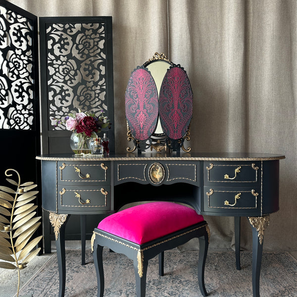 Black & Gold Gothic Dressing Table With Hot Pink Details French Style Olympus Furniture