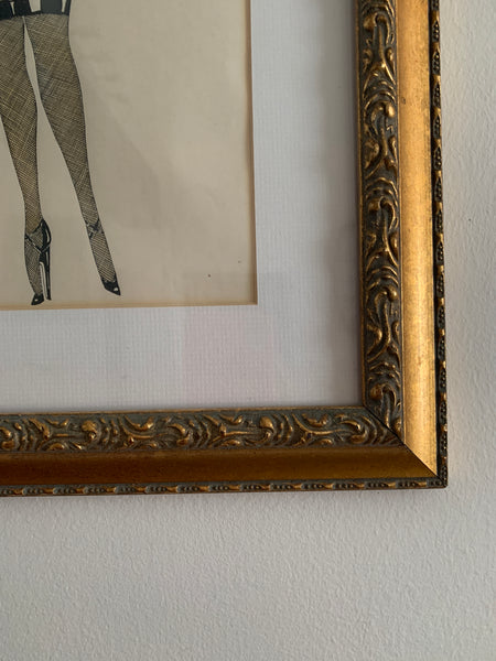 French Signed Painting Burlesque Performer Sexy Lady in Stockings & Latex Dress