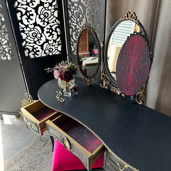 Black & Gold Gothic Dressing Table With Hot Pink Details French Style Olympus Furniture
