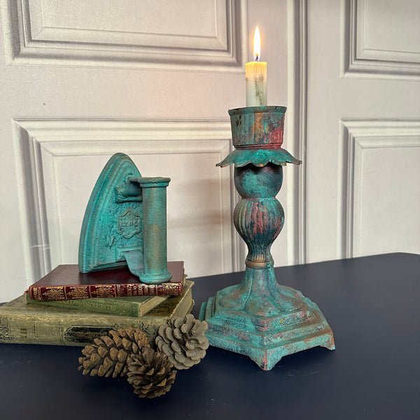 Upcycled Metal Candle Holder Painted Turquoise Patina Suitable For Dinner Candle