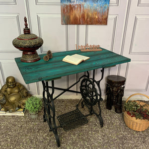 Upcycled Sewing Machine Table Yakisugi Charred Wood Table Turquoise