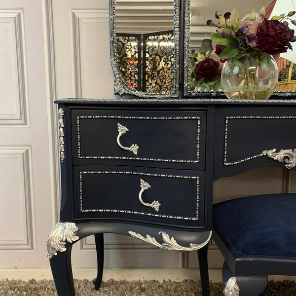 Olympus Dressing Table Navy Blue & Silver Dressing Table with Stool and Mirror French Style Dressing Table