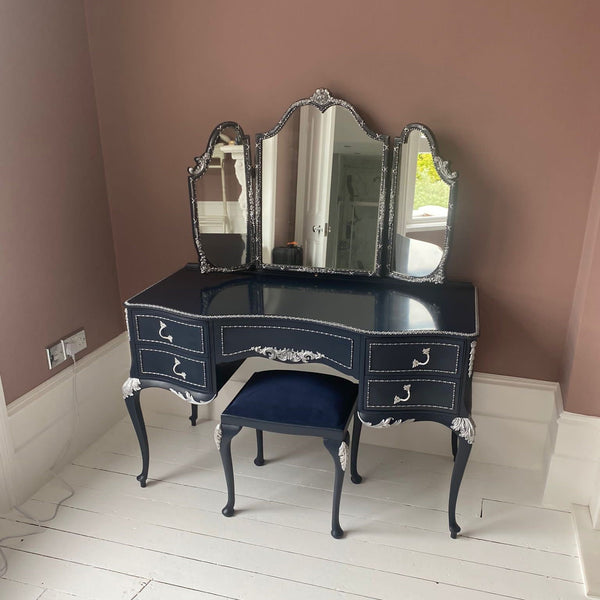 Olympus Dressing Table Navy Blue & Silver Dressing Table with Stool and Mirror French Style Dressing Table