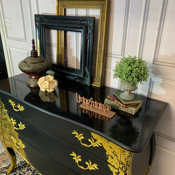Painted Bombay Chest Of Drawers Black and Gold Sideboard Commissions Open Gold Leaf