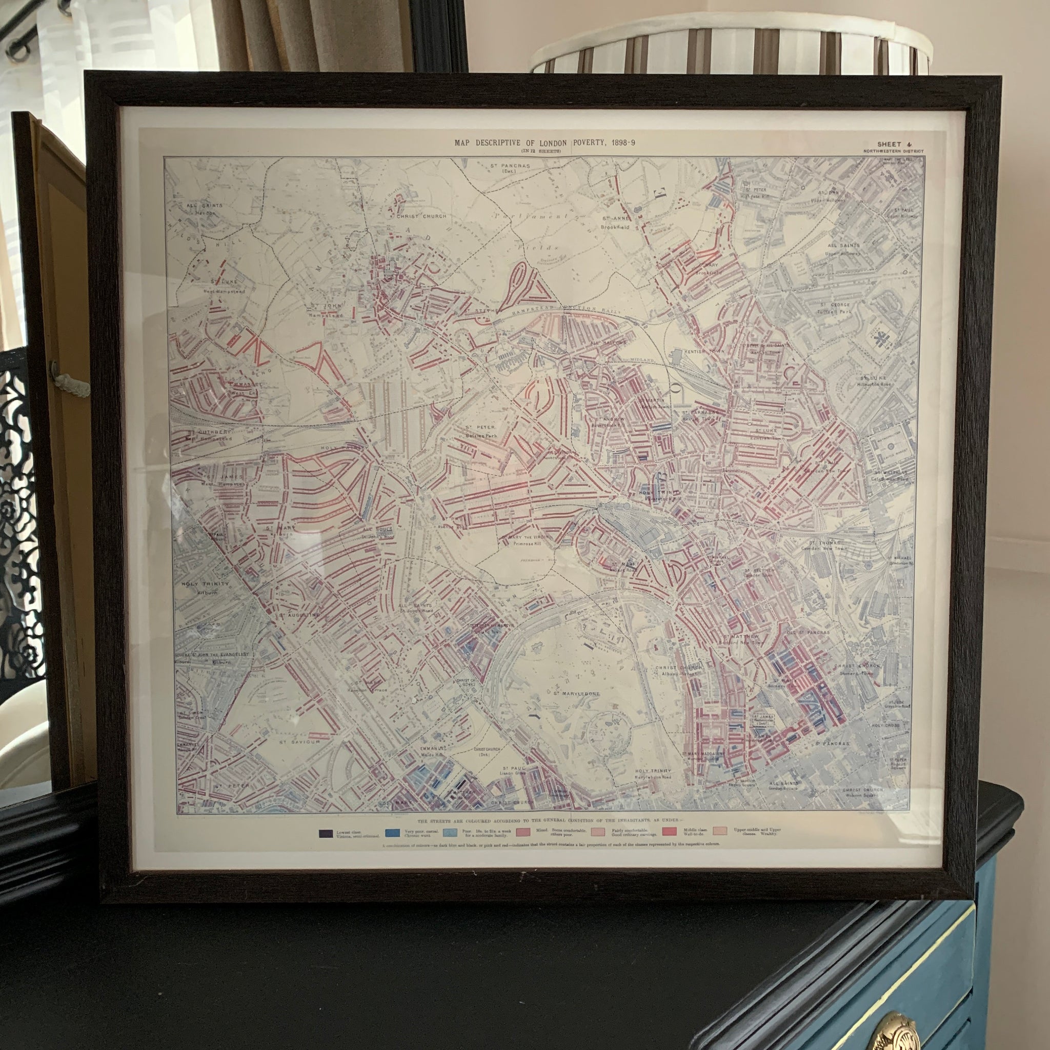 Framed Map Descriptive of London Poverty North Western District 1898-9 Reproduction
