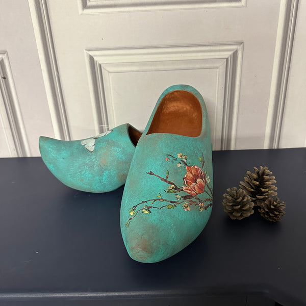 Upcycled Dutch Clogs Large Painted Wooden Clogs Home Decor Turquoise Floral