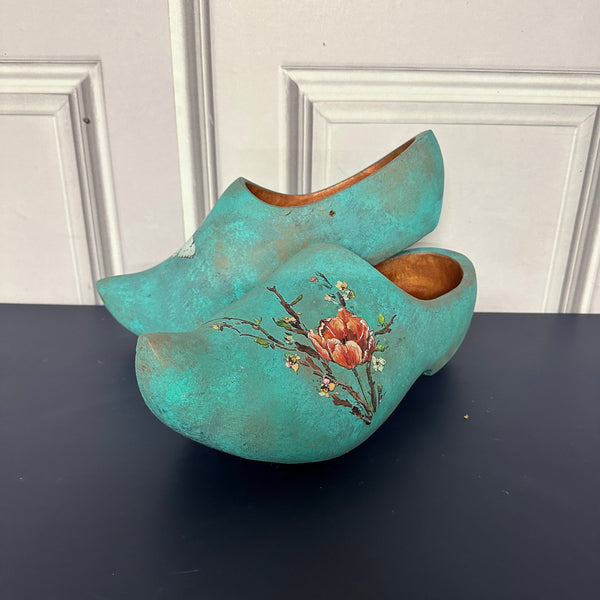 Upcycled Dutch Clogs Large Painted Wooden Clogs Home Decor Turquoise Floral