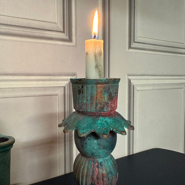 Upcycled Metal Candle Holder Painted Turquoise Patina Suitable For Dinner Candle