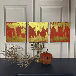 Abstract Canvas Trio Canvas Red & Gold Leaf Square