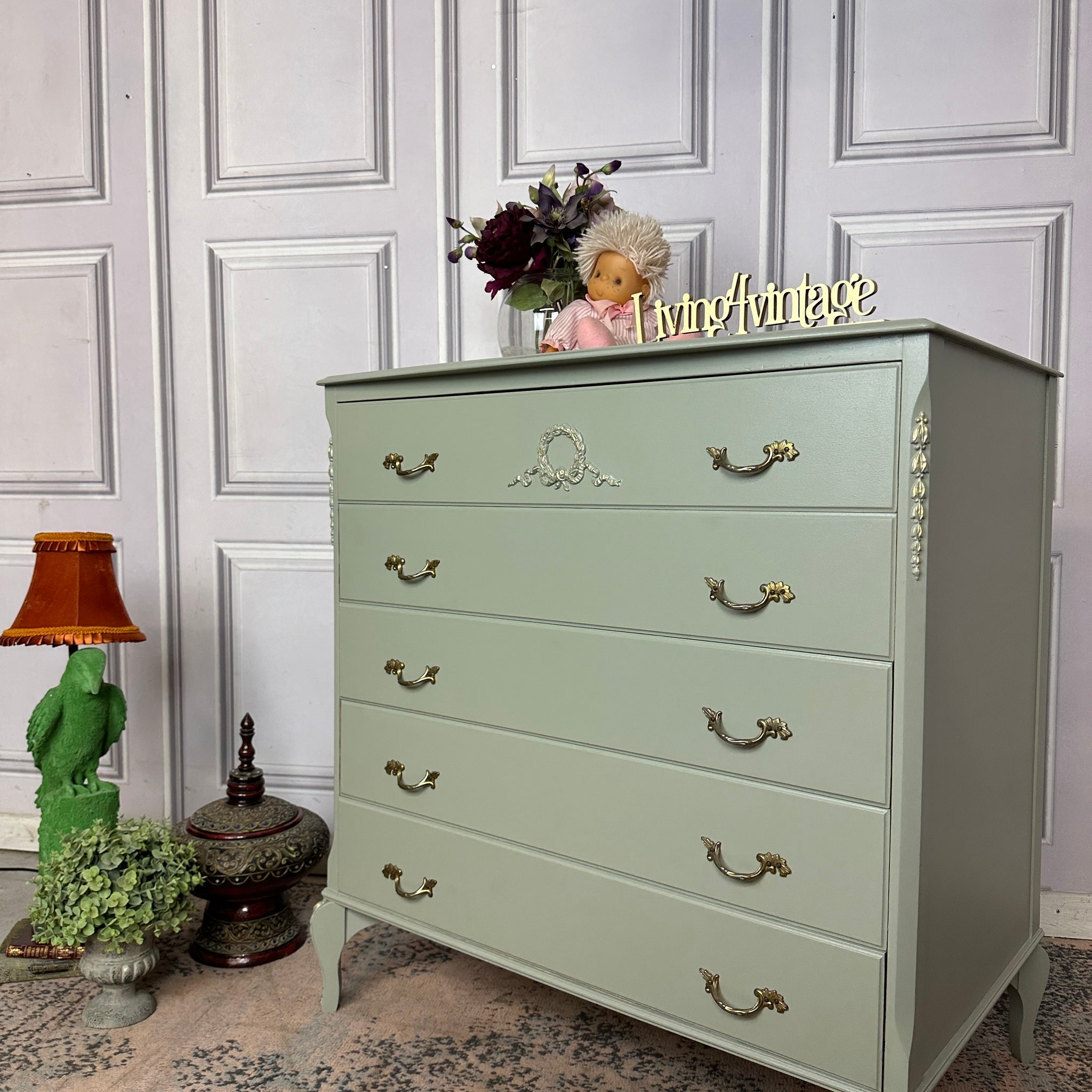 French Style Chest of Drawers Louis Style Drawers Sage Green