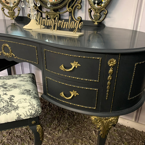 Olympus Dressing Table with Stool & Mirror Black & Gold