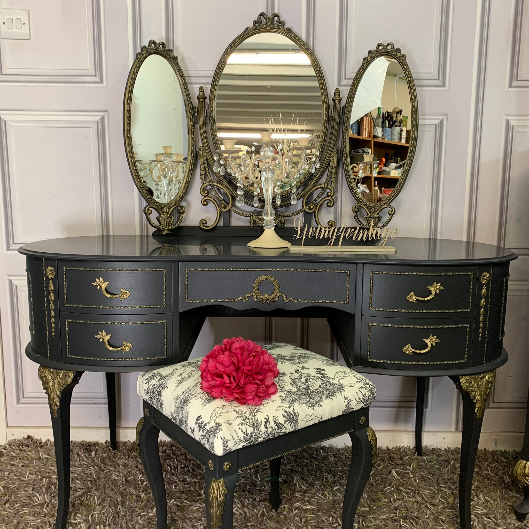 vintage dressing table Olympus Dressing Table with Stool & Mirror Black & Gold – Living4vintage