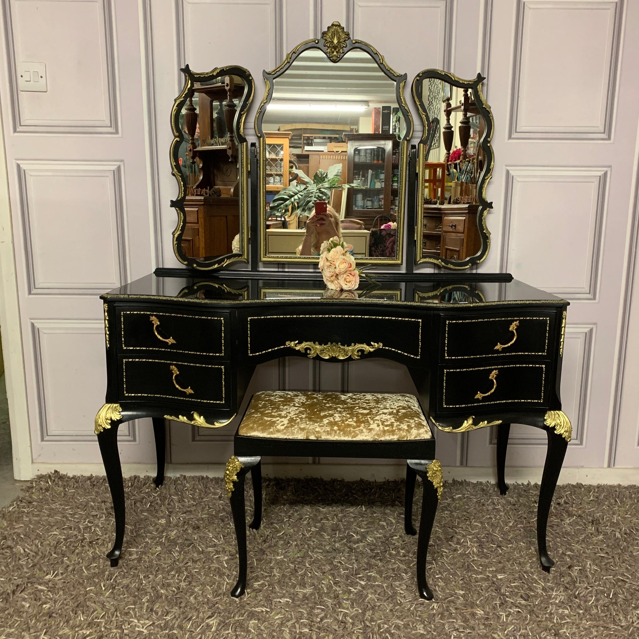 black and gold dressing room Barocco Italian Classic Dressing Table-black&gold