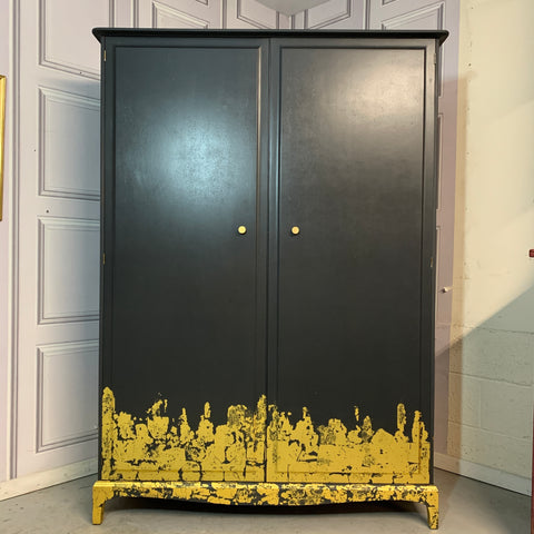 Stag Wardrobe Painted Black & Gold Leaf Flame Details Double Wardrobe