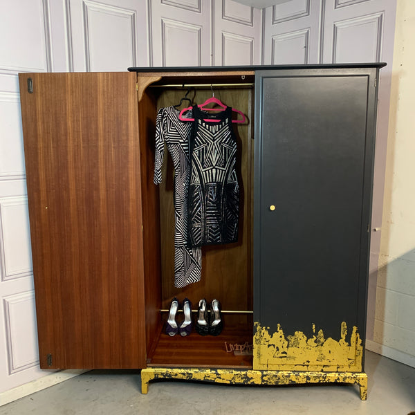 Stag Wardrobe Painted Black & Gold Leaf Flame Details Double Wardrobe