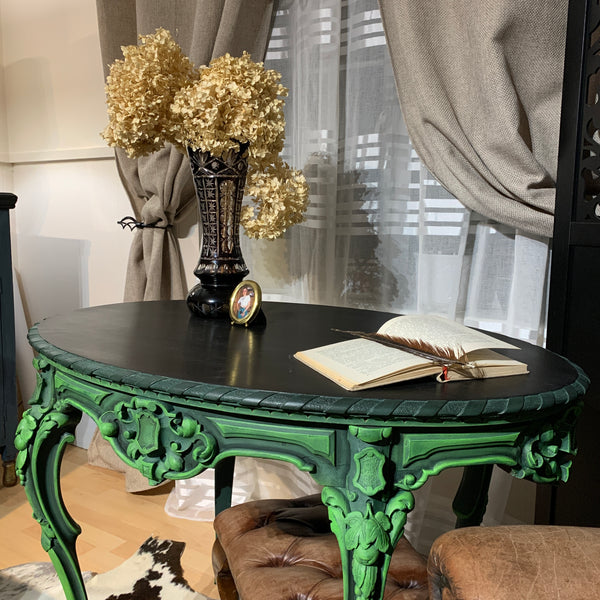 French Antique Console Table Oval Table Ornate Carvings Green and Black